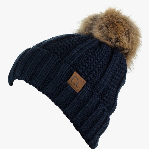 C.C Cheveux Corp. Accessories - C.C  Navy Knit Pom-Pom Beanie Fuzzy Fleece